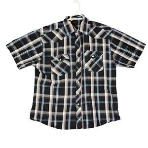 Studio O XXL Mens Plaid Western Shirt Short Sleeve Black Blue Casual
